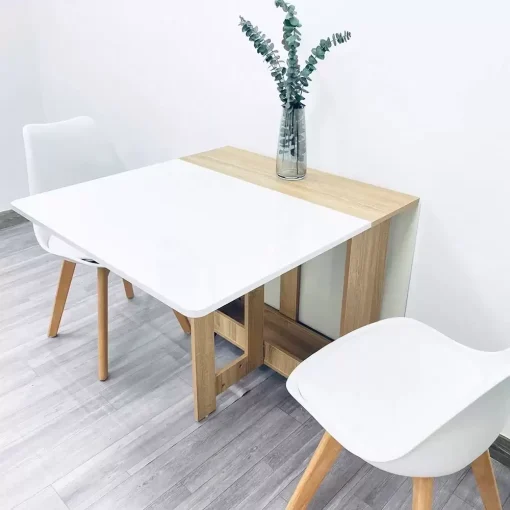 Bàn ăn thông minh có bánh xe vân gỗ trắng GP97.41